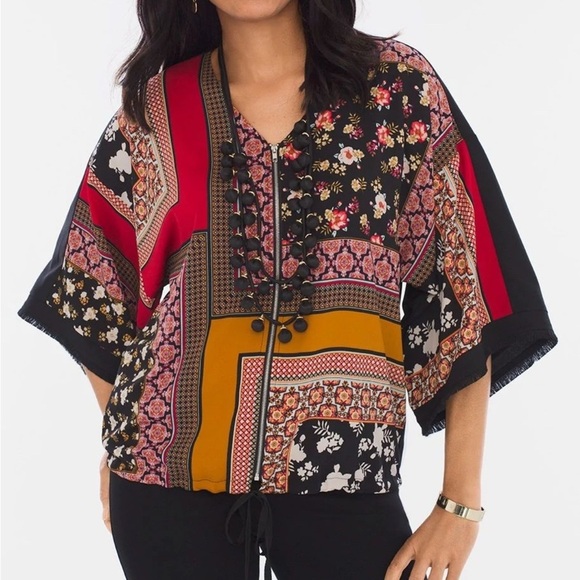 Chico’s Boho Patchwork Floral Print Zip Kimono Top Blouse 1 (M) Fringe Cuff Boho - Picture 1 of 7